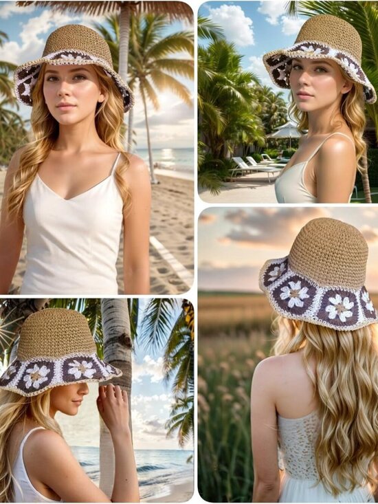Women Foldable Summer Wide Brim Packable Sun Hat Travel Straw Fedora Hat Floral4 main image 6